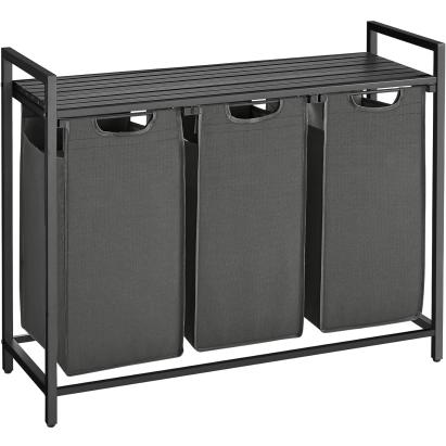 VASAGLE Cos de rufe, 3 compartimente, saci de rufe detasabili, raft, cadru metalic, 3x38L, 93x33x72 cm, negru Household NewTrend