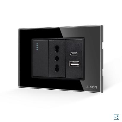 Intrerupator Simplu Cap Scara + Priza Ingusta si USB A+C cu Rama din Sticla LUXION, Standard Italian, 3M SmartElectro IntelligentHouse