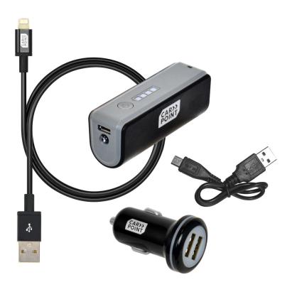 Set incarcare telefon Carpoint Deluxe , incarcator bricheta cu 2 iesiri USB, cablu cu cablu conector hibrid MicroUSB MFi Dock 8pin si acumulator extern 2200mAh, AutoDrive ProParts