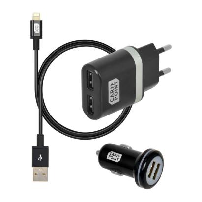 Set incarcare telefon Carpoint Premium, incarcator bricheta cu 2 iesiri USB, cablu cu cablu conector hibrid MicroUSB MFi Dock 8pin si incarcator priza retea 220-240V AutoDrive ProParts