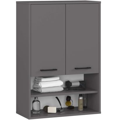 Dulap baie suspendat, cu 2 usi si 2 rafturi deschise, PAL 16 mm, 64x30x94 cm, gri Household NewTrend