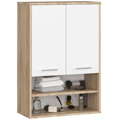Dulap baie suspendat, cu 2 usi si 2 rafturi deschise, PAL 16 mm, 64x30x94 cm, stejar sonoma si alb Household NewTrend