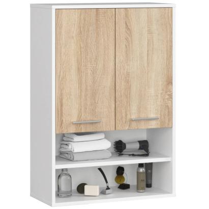 Dulap baie suspendat, cu 2 usi si 2 rafturi deschise, PAL 16 mm, 64x30x94 cm, alb si stejar sonoma Household NewTrend