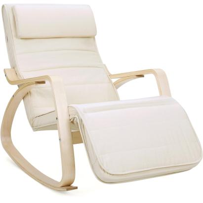 SONGMICS Scaun balansoar din lemn, suport picioare reglabil, maxim 150kg, 55x115x91cm, bej Household NewTrend