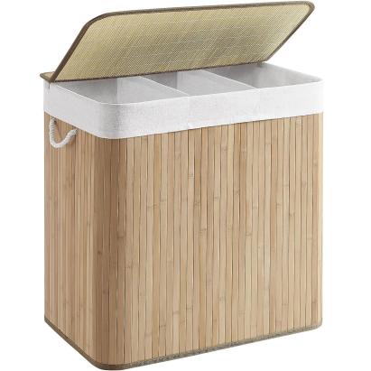 SONGMICS Cos de rufe din bambus, pliabil, cu captuseala detasabila lavabila, 3 compartimente, 150L, 60x40x60cm, natural Household NewTrend