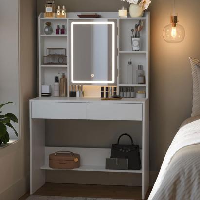VASAGLE Masa de toaleta cu oglinda, iluminare LED reglabila, 2 sertare, 90x40x145cm, alb Household NewTrend