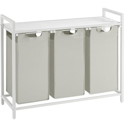 VASAGLE Cos de rufe, 3 compartimente, saci de rufe detasabili, raft, cadru metalic, 3x38L, 93x33x72 cm, alb Household NewTrend