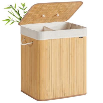 SONGMICS Cos de rufe cu capac, 2 compartimente, bambus, 120 l, pliabil, sac textil detasabil, 50x40x61 cm, maro natur Household NewTrend