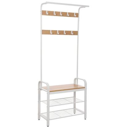 VASAGLE Cuier pentru haine cu banca de depozitare a pantofilor, cu 9 carlige detasabile, o sina pentru haine, 34x72x183 cm, modern, stejar si crem Household NewTrend