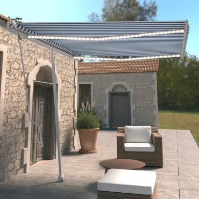 Copertină automată cu senzor vânt&LED, albastru/alb, 300x250 m GartenMobel Dekor