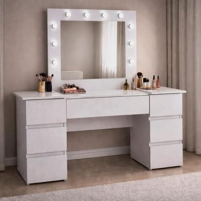 Masa de toaleta/machiaj, Antonia, gri deschis, cu oglinda si LED-uri, 155x42x135 cm GartenVIP DiyLine