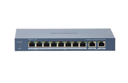 Switch PoE Hikvision DS-3E0310HP-E(C), 8 porturi PoE, 2 porturi Gigabit RJ45, putere PoE 110W, 6kV SafetyGuard Surveillance