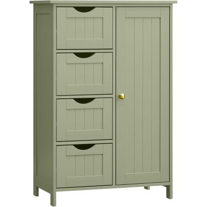 VASAGLE Dulap de depozitare pe podea pentru baie, MDF, cu 4 sertare, 1 usa, rafturi reglabile, 30x55x82cm, verde Household NewTrend