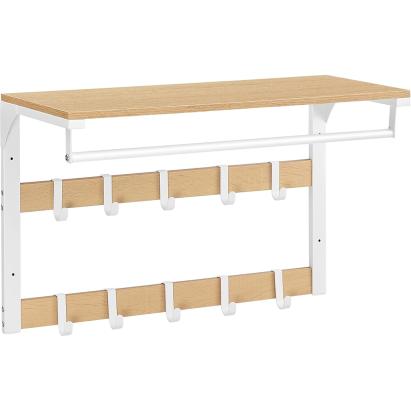 VASAGLE Raft de perete tip cuier, 10 carlige detasabile, sina pentru haine, 30x65x42cm, stejar si alb Household NewTrend