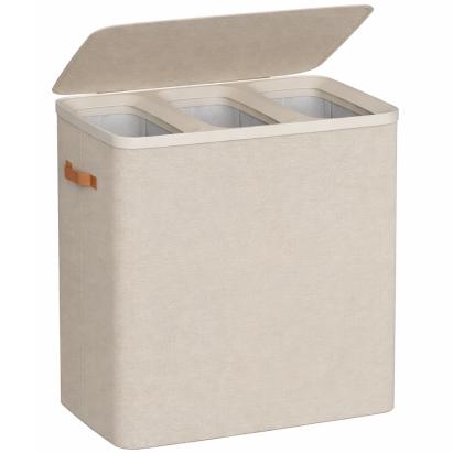 SONGMICS Cos rufe cu 3 compartimente si capac, saci detasabili cu maner, 190 litri, 64x40x75 cm, bej Household NewTrend