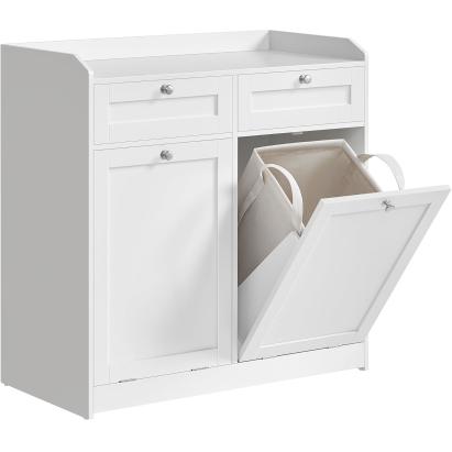 VASAGLE Dulap baie de podea, 2 cosuri de rufe integrate cu saci detasabili, 2 sertare, 79x40x80 cm, alb Household NewTrend