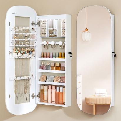 SONGMICS Dulap pentru bijuterii cu oglinda si LED, montare pe perete sau usa, inchidere cu cheie, 42x10x108 cm, alb Household NewTrend