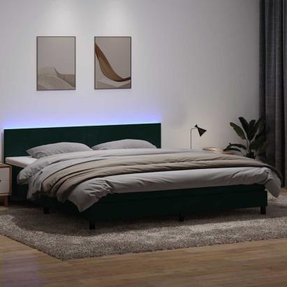 Pat cu arcuri cu saltea și LED, verde închis, 180x220 cm, catifea GartenMobel Dekor