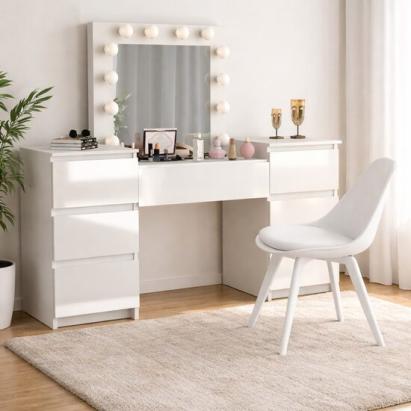 Masa de toaleta/machiaj, Antonia, sertare lucioase + scaun Mark, alb, cu oglinda si LED-uri, 155x42x135 cm GartenVIP DiyLine