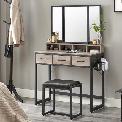 VASAGLE Masuta toaleta 90x40x141 cm, cu 3 sertare, oglinda tripla si taburet, lemn si otel, gri si negru Household NewTrend
