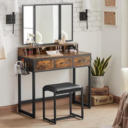 VASAGLE Masuta toaleta 90x40x141 cm, cu 3 sertare, oglinda tripla si taburet, lemn si otel, maro rustic si negru Household NewTrend