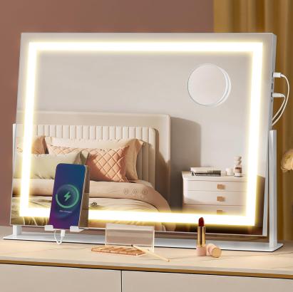 SONGMICS Oglinda machiaj cu iluminare LED, 3 culori lumina, suport telefon, 2 porturi USB, zoom 10x, 58x43 cm, alb Household NewTrend