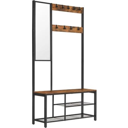 VASAGLE Cuier pentru hol cu oglinda si 9 carlige detasabile, structura metalica, stil industrial, 98x36x185 cm, maro rustic Household NewTrend