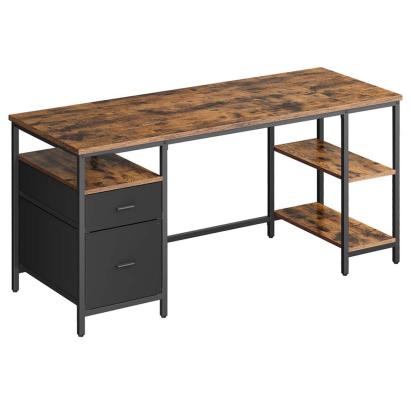 VASAGLE Birou cu 3 rafturi si 2 sertare, cadru metalic si PAL, montaj reversibil, 160x60x76 cm, maro rustic Household NewTrend