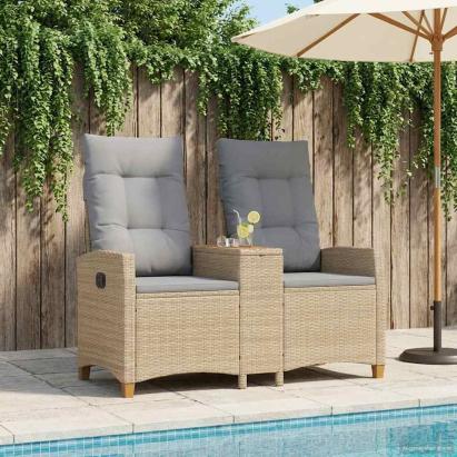 Bancă reclinabilă cu masă Beige și gri deschis poliratan GartenMobel Dekor