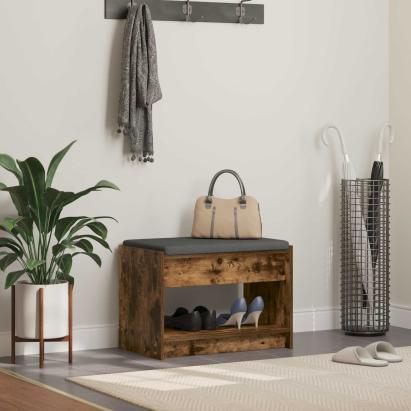 Bancă pentru hol cu pernă cu raft Stejar Afumat 63 x 38 x 45 cm GartenMobel Dekor