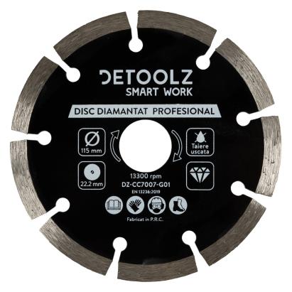 Disc diamantat segmentat Detoolz 115 mm, 22,2 mm, pentru taiere uscata