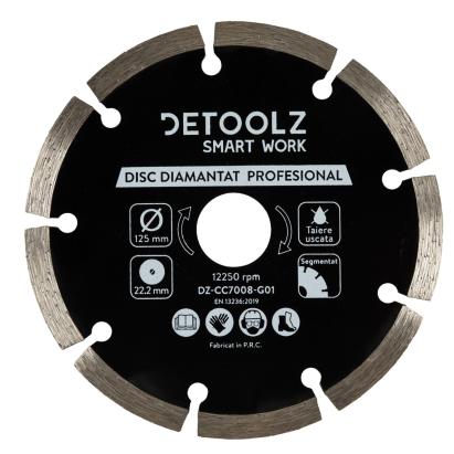 Disc diamantat segmentat Detoolz 125 mm, 22,2 mm, pentru tăiere uscată