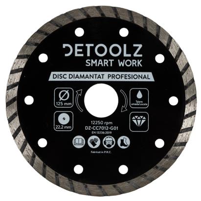 Disc diamantat turbo Detoolz 125 mm, 22,2 mm, pentru tăiere umedă și uscată