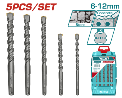 Set burghie rotopercutor SDS Plus TOTAL, 5 piese industrial, pentru beton