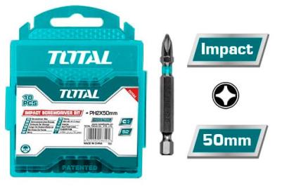 Set 10 biți de impact TOTAL PH2 x 50 mm din oțel S2, pentru înșurubare