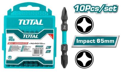 Set 10 biți de impact TOTAL PH2 65 mm din oțel S2, dublu cap