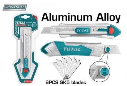 Cutter TOTAL Industrial 18 mm, corp din aluminiu, cu lame SK5 și blocare sigură