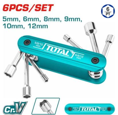 Set 6 chei tubulare TOTAL cu maner pliabil, Cr-V, 5–12 mm