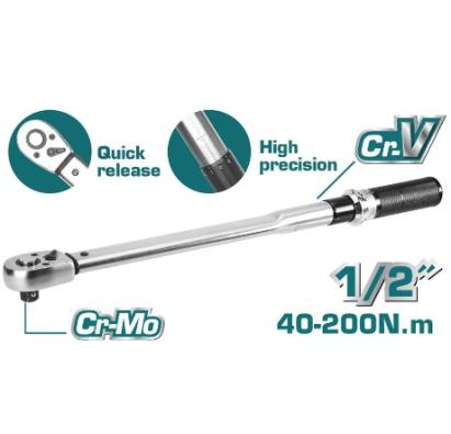 Cheie dinamometrică TOTAL 1/2” 40–200 Nm, 500 mm, precizie ±4%