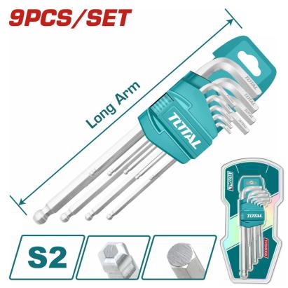 Set 9 chei imbus hexagonale TOTAL cu cap bilă, braț lung, 1.5–10 mm Cr-V