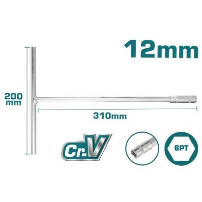 Cheie tubulară cu mâner în T TOTAL 12 mm, Cr-V, 200×310 mm, 6PT