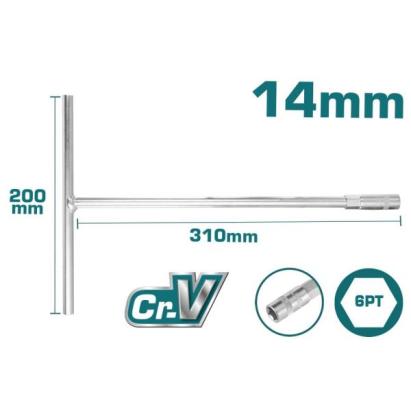 Cheie tubulară cu mâner în T TOTAL 14 mm, Cr-V, 200 x 310 mm, 6PT