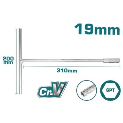 Cheie tubulară cu mâner în T TOTAL 19 mm, 200 x 310 mm, Cr-V 6PT