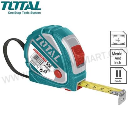 Ruletă TOTAL 5 m x 19 mm, cu buton 3 funcții, metric & inch