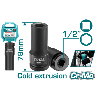 Cheie tubulară de impact TOTAL 19 mm, 1/2", Cr-Mo, lungime 78 mm