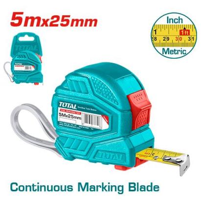 Ruletă TOTAL 5 m x 25 mm cu dublu buton, gradare metrică și inch