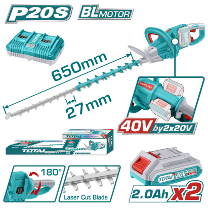 Trimmer pentru tuns gard viu TOTAL 40V Li-Ion, 65 cm, cu 2 acumulatori și încărcător