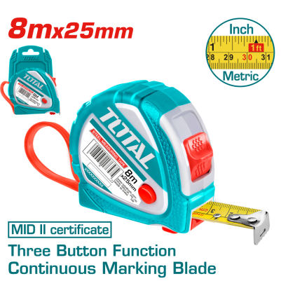 Ruletă TOTAL 8 m x 25 mm cu buton 3 funcții, marcare continuă