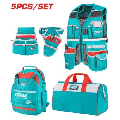Set transport unelte TOTAL, 5 piese: rucsac, geanta, vesta, centura si suport bormasina