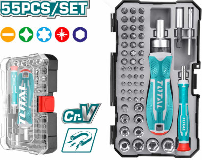 Set șurubelniță cu clichet TOTAL, 55 piese Cr-V, biți și tubulare în cutie